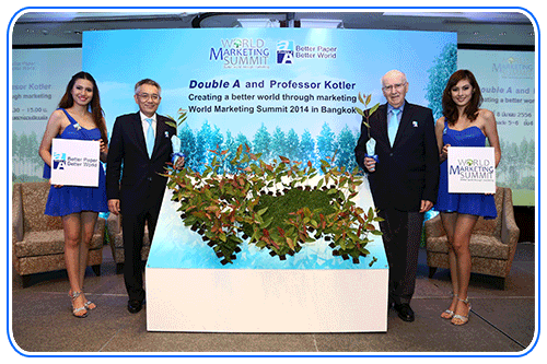 Mr. Thirawit Leetavorn, <b>Double A</b> Senior Executive Vice President (2nd from left) and Professor Philip Kotler (2nd from right), world renowned Marketing Guru and founder of World Marketing Summit (WMS), announced the global partnership to promote the idea to “create a better world through Marketing”.